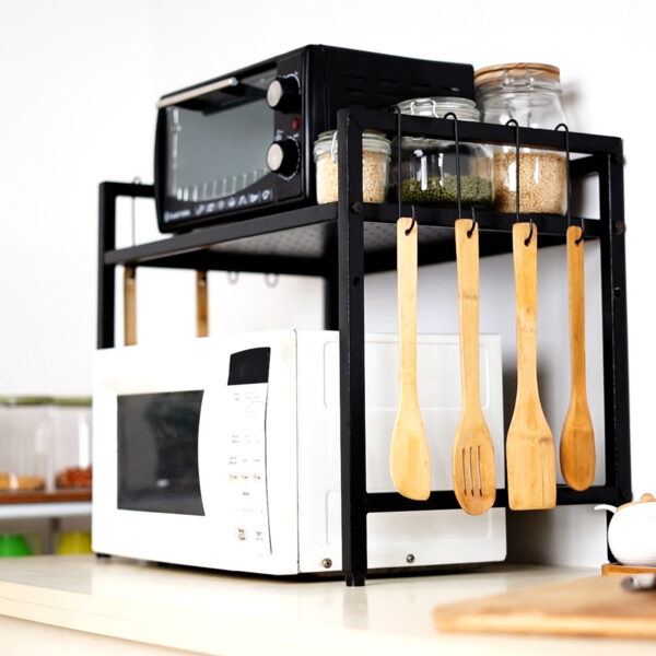 2-Tier Height Adjustable Microwave Stand With 8 Hooks