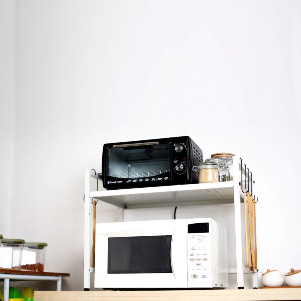 2-Tier Height Adjustable Microwave Stand With 8 Hooks-White