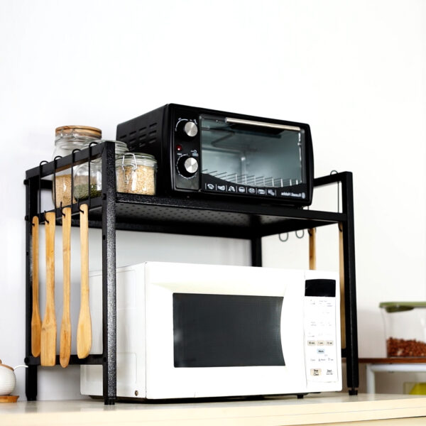 2-Tier Height Adjustable Microwave Stand With 8 Hooks