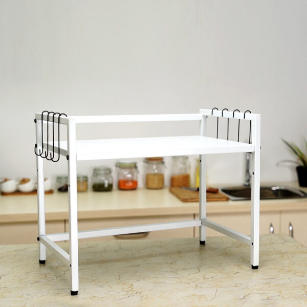 2-Tier Height Adjustable Microwave Stand With 8 Hooks-White