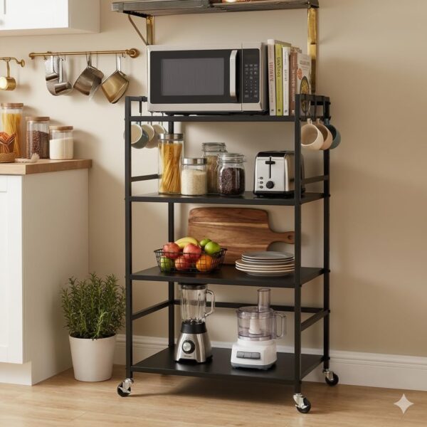 4 Tier Metal Dish Rack Height Adjustable Microwave Stand with Hanging Plastic Hooks