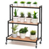 3 Tier Metal Plant Stand with MDF Wooden Shelves & Wheels