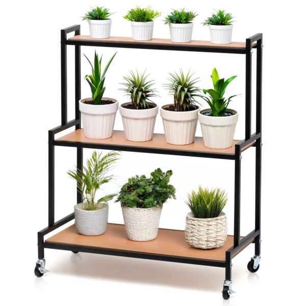 3 Tier Metal Plant Stand with MDF Wooden Shelves & Wheels