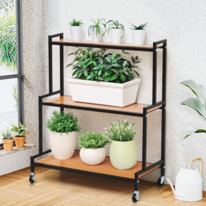 3 Tier Metal Plant Stand with MDF Wooden Shelves & Wheels