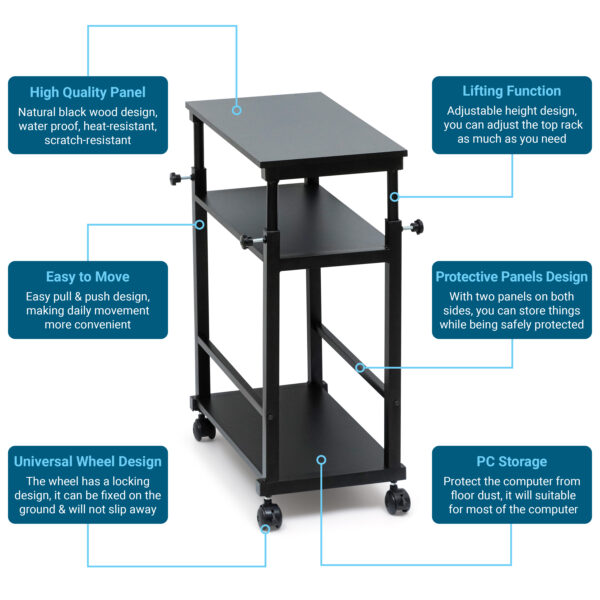 3 Tier Height Adjustable Computer Tower Stand-Black