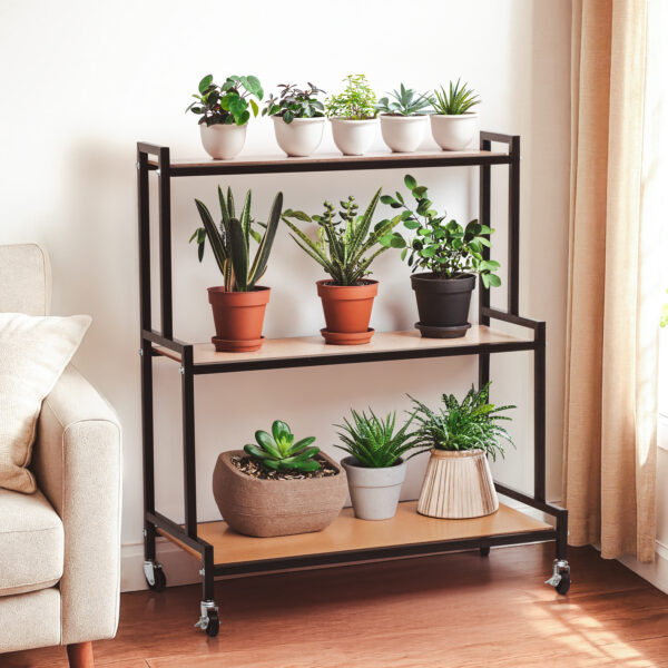 3 Tier Metal Plant Stand with MDF Wooden Shelves & Wheels