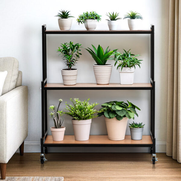 3 Tier Metal Plant Stand with MDF Wooden Shelves & Wheels