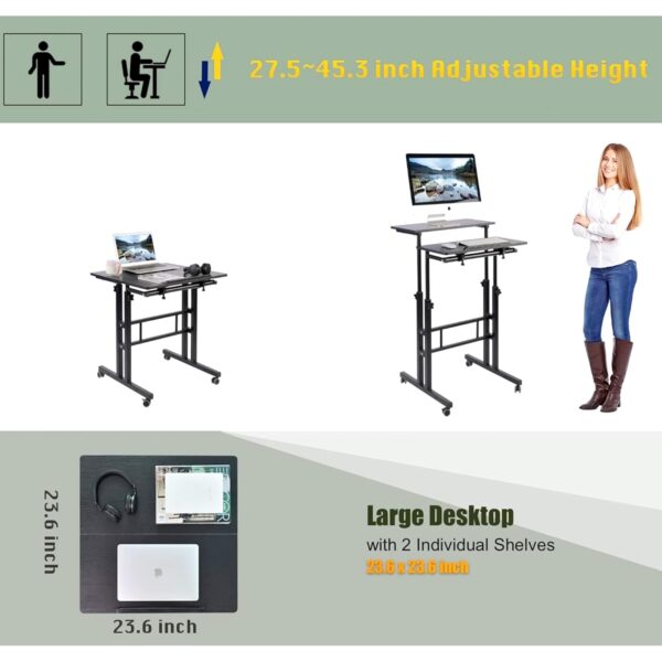 Height Adjustable Lap Desk with Locking Wheels -Black Color