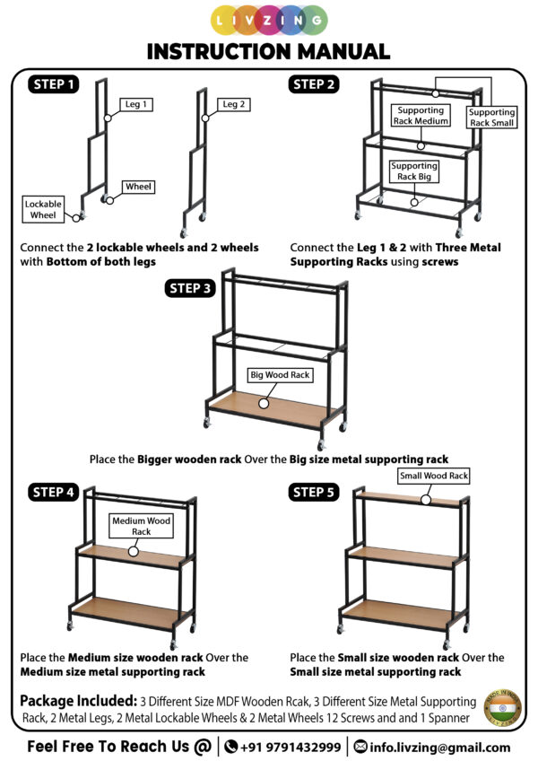 3 Tier Metal Plant Stand with MDF Wooden Shelves & Wheels