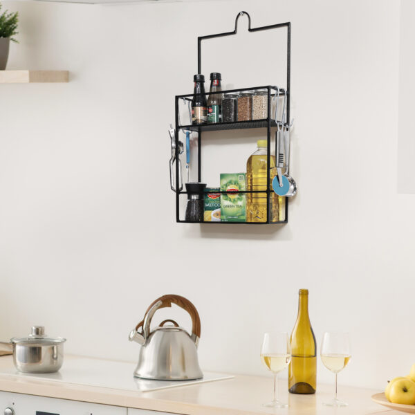 2-Layered Cast Iron Wall Mounted Floating Shelf With 4 Removable Hooks