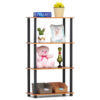 4 tier storage organizer in rustic brown wood holding decor items, plush toys, and storage baskets