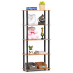 5 tier storage rack in rustic brown wood holding decor items, plush toys, and storage baskets