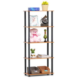 5 tier storage rack in rustic brown wood holding decor items, plush toys, and storage baskets