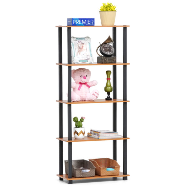 5 tier storage rack in rustic brown wood holding decor items, plush toys, and storage baskets