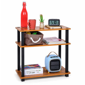 3 tier wooden multipurpose table in brown wood with open storage shelves holding books and decor items