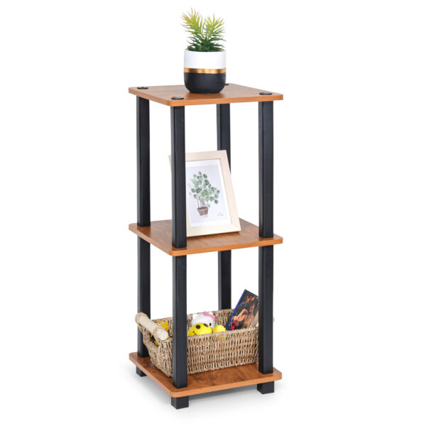 3 tier bedside table in brown wood with open storage shelves holding books and decor items