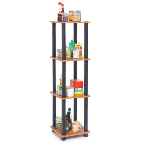 4 tier bedside table in brown wood with open storage shelves holding books and decor items