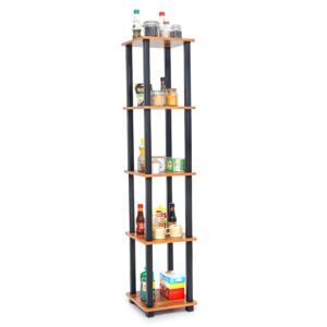 5 tier bedside table in brown wood with open storage shelves holding books and decor items