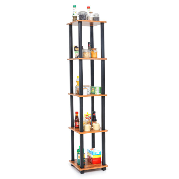 5 tier bedside table in brown wood with open storage shelves holding books and decor items