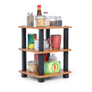 3 tier spice rack in brown wood with open storage shelves holding jars and kitchen condiments