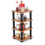 4 tier spice rack in brown wood with open storage shelves holding jars and kitchen condiments