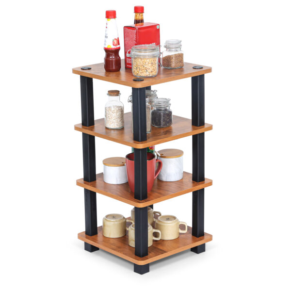4 tier spice rack in brown wood with open storage shelves holding jars and kitchen condiments