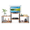 Open shelf TV stand in brown wood with multi-tier storage holding flat screen TV and media electronics
