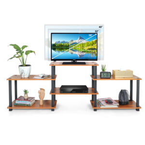 Open shelf TV stand in brown wood with multi-tier storage holding flat screen TV and media electronics