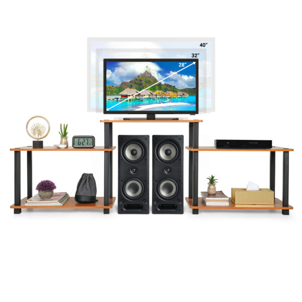 5 tier TV stand in brown wood with open storage shelves holding flat screen TV and media electronics