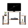Wooden TV entertainment unit 6 tier with open shelves holding flat screen TV and media electronics