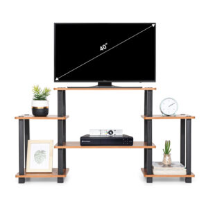 Wooden TV entertainment unit 6 tier with open shelves holding flat screen TV and media electronics