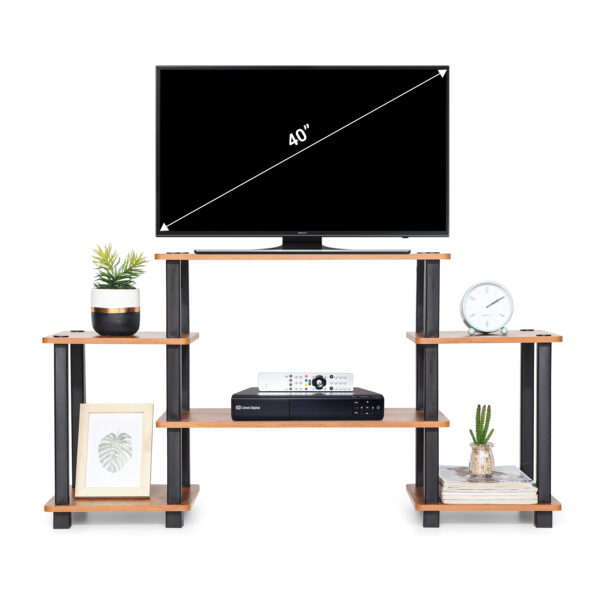 Wooden TV entertainment unit 6 tier with open shelves holding flat screen TV and media electronics