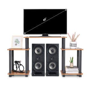 40 inch TV stand in brown wood with multi-tier open shelves holding flat screen TV and media electronics