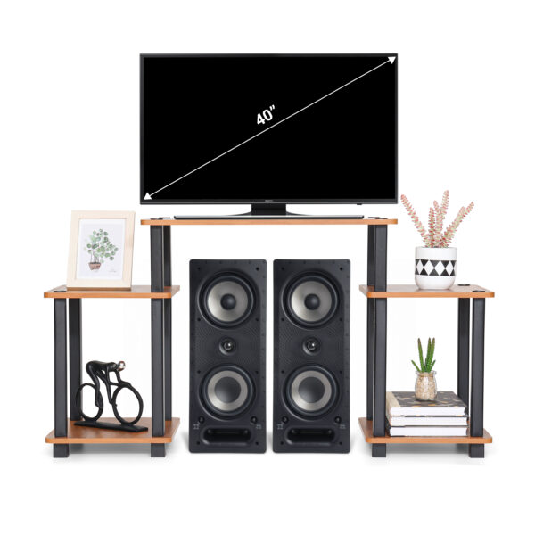 40 inch TV stand in brown wood with multi-tier open shelves holding flat screen TV and media electronics