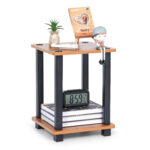 2 tier bedside table in brown wood with open storage shelves holding books and decor items