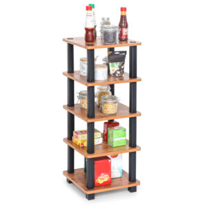 5 tier spice rack in brown wood with open storage shelves holding jars and kitchen condiments