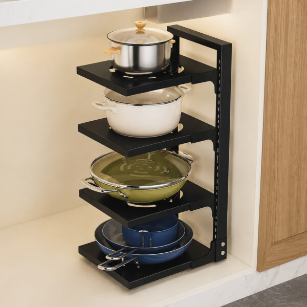 Black 4-tier adjustable metal pot rack with pans and cookers placed on countertop next to wooden cabinets