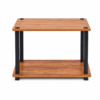 2-tier rustic brown wooden turn n tube side table with black plastic support legs holding books and decor