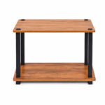 2-tier rustic brown wooden turn n tube side table with black plastic support legs holding books and decor