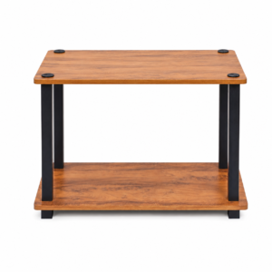 2-tier rustic brown wooden turn n tube side table with black plastic support legs holding books and decor