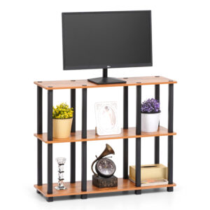 3 tier TV stand in brown wood with open storage shelves holding television and living room decor