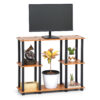 6 tier TV stand in brown wood with multi-level display shelves holding TV and living room decor