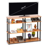 4 tier TV stand in brown wood holding up to 55 inch television with open storage shelves for decor and media devices