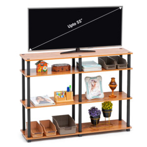 4 tier TV stand in brown wood holding up to 55 inch television with open storage shelves for decor and media devices