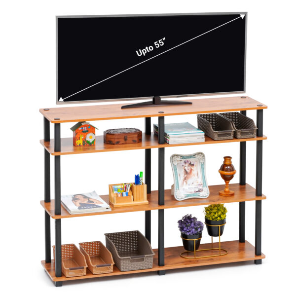 4 tier TV stand in brown wood holding up to 55 inch television with open storage shelves for decor and media devices