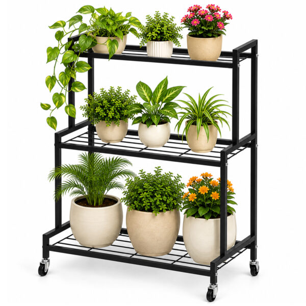 3 Tier Metal Plant Stand with 360° Swivel Casters Wheels