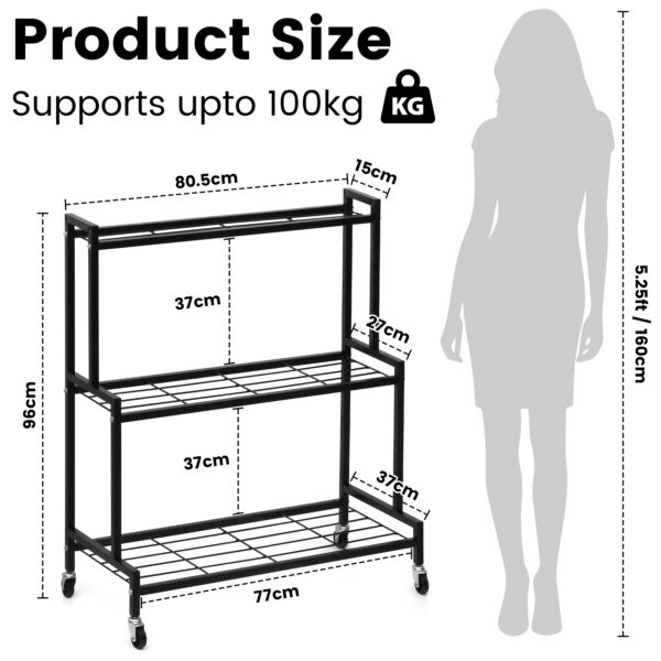 3 Tier Metal Plant Stand with 360° Swivel Casters Wheels