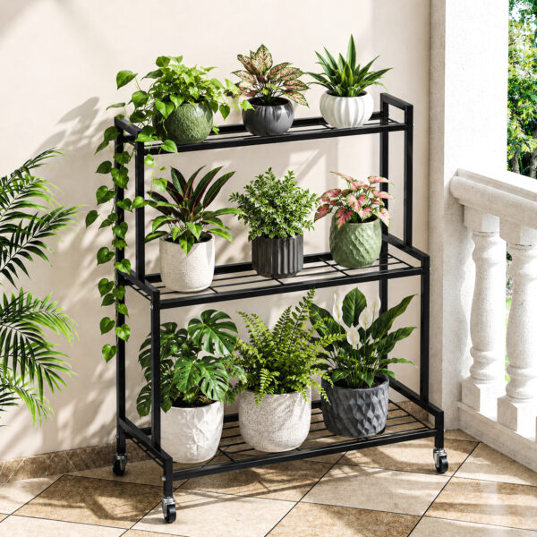 3 Tier Metal Plant Stand with 360° Swivel Casters Wheels