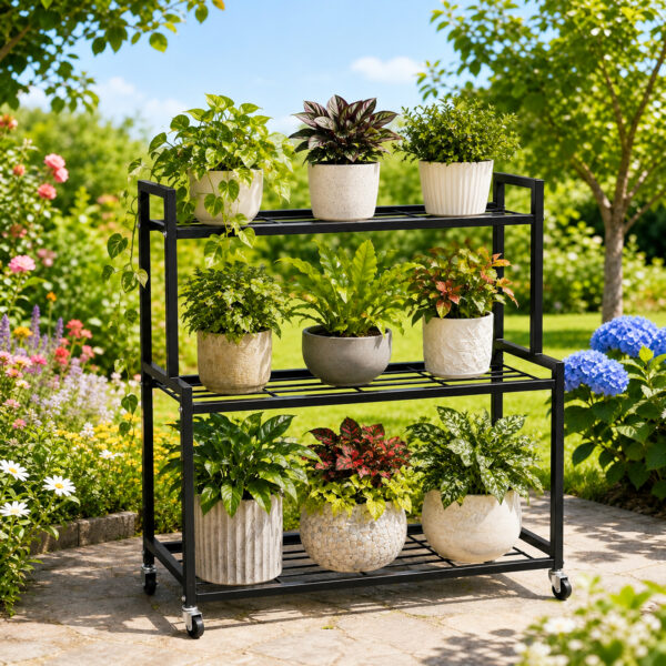 3 Tier Metal Plant Stand with 360° Swivel Casters Wheels
