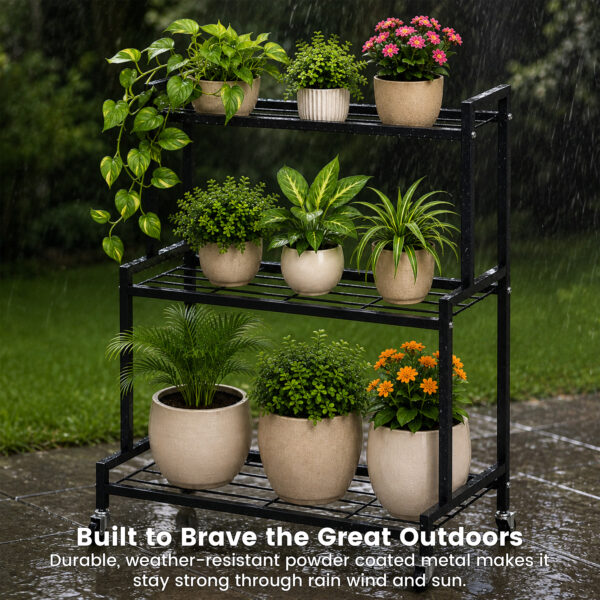 3 Tier Metal Plant Stand with 360° Swivel Casters Wheels